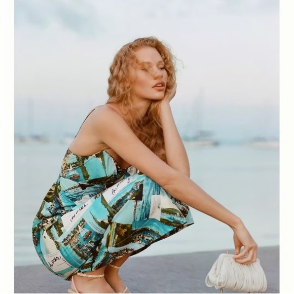 Anthropologie Blue and Green Postcard Print Midi Dress 16 - Picture 2 of 10